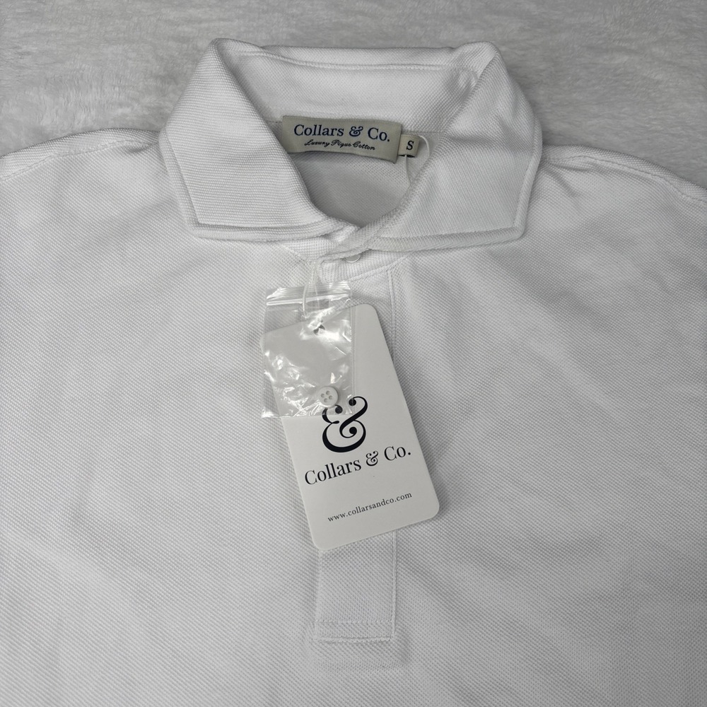 Collars & Co. Luxury Pique Cotton Polo Shirt Mens Small White Short Sleeve